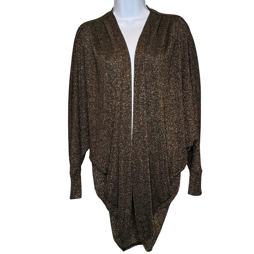 Forever 21 Black Gold Metallic Duster Cardigan Sz S Sparkly Dolman Sleeve‎ Glam